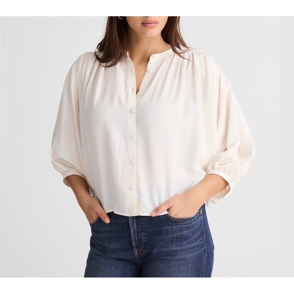 Madewell Womens Shirred Crewneck Button Front Balloon Sleeve Ivory Blouse XS New